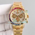 Iced Out Rolex Daytona Yellow Gold Watch Diamond Dial Rainbow Bezel